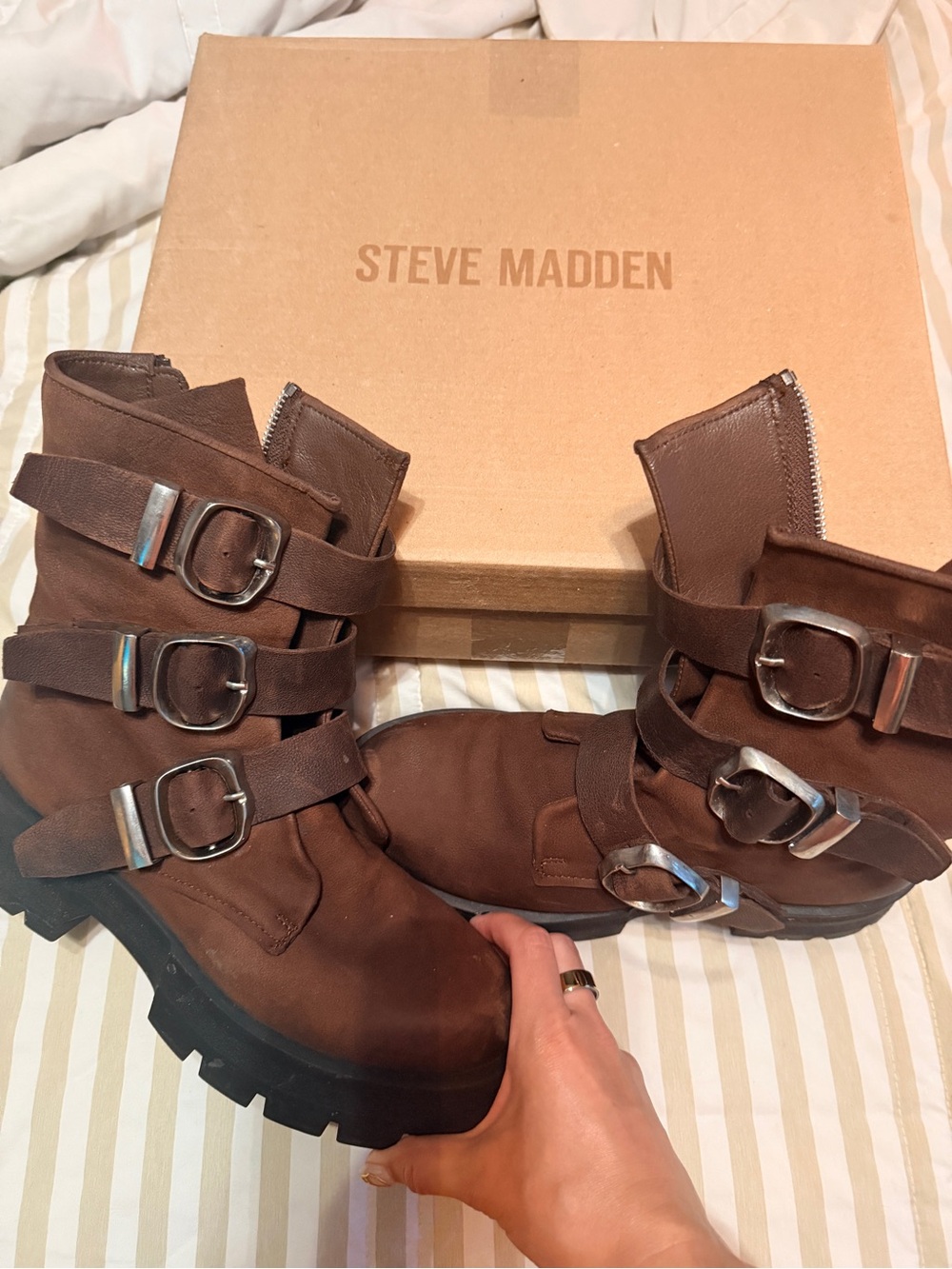 Steve Madden Roland Brown Leather Moto Buckle Boots Size 9 - Picture 2 of 5